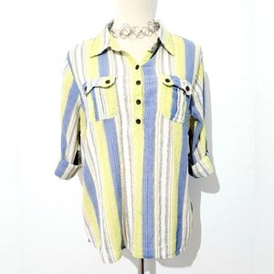 Christopher & Banks Women XL Button-Front Shirt Yellow Blue Striped 100% Cotton